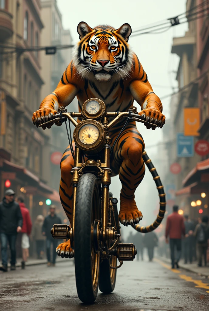 'steampunk tiger on a bike, street view '