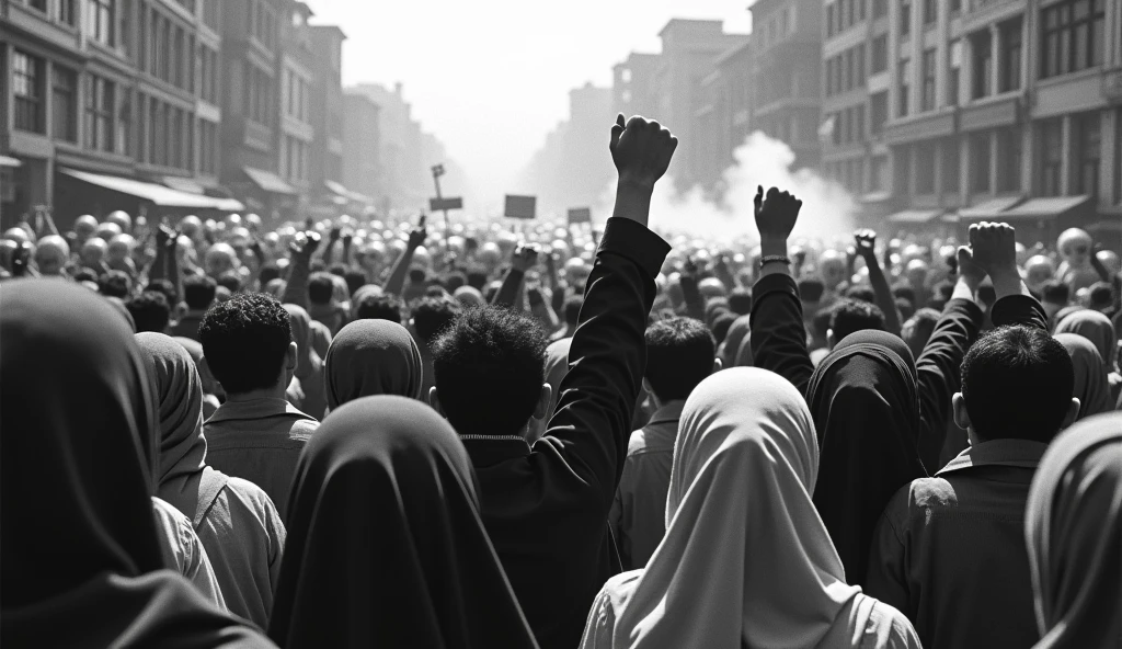 Prompt 1: An old photograph capturing a massive protest in the streets of Tehran in 1978. Thousands of Iranian people, men and women, fill the streets and are gathered at Azadi square  in old tehran, raising fists and banners against the Shah's regime. The women are wearing hijabs, their expressions fierce and determined. The scene is chaotic, with police in riot gear attempting to control the crowd, and tear gas smoke lingering in the air. The image is slightly grainy, reflecting the quality of the cameras used at the time, adding to the historical authenticity , back camera angel 