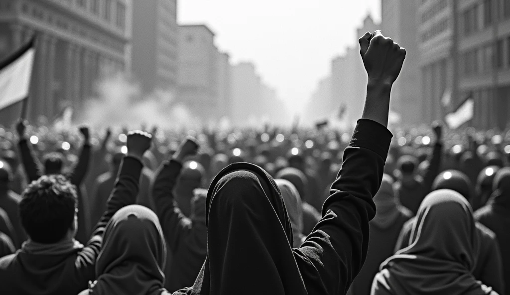 Prompt 1: An old photograph capturing a massive protest in the streets of Tehran in 1978. Thousands of Iranian people, men and women, fill the streets and are gathered at Azadi square in old tehran, raising fists and banners against the Shah's regime. The women are wearing hijabs, their expressions fierce and determined. The scene is chaotic, with police in riot gear attempting to control the crowd, and tear gas smoke lingering in the air. The image is slightly grainy, reflecting the quality of the cameras used at the time, adding to the historical authenticity , back camera angel