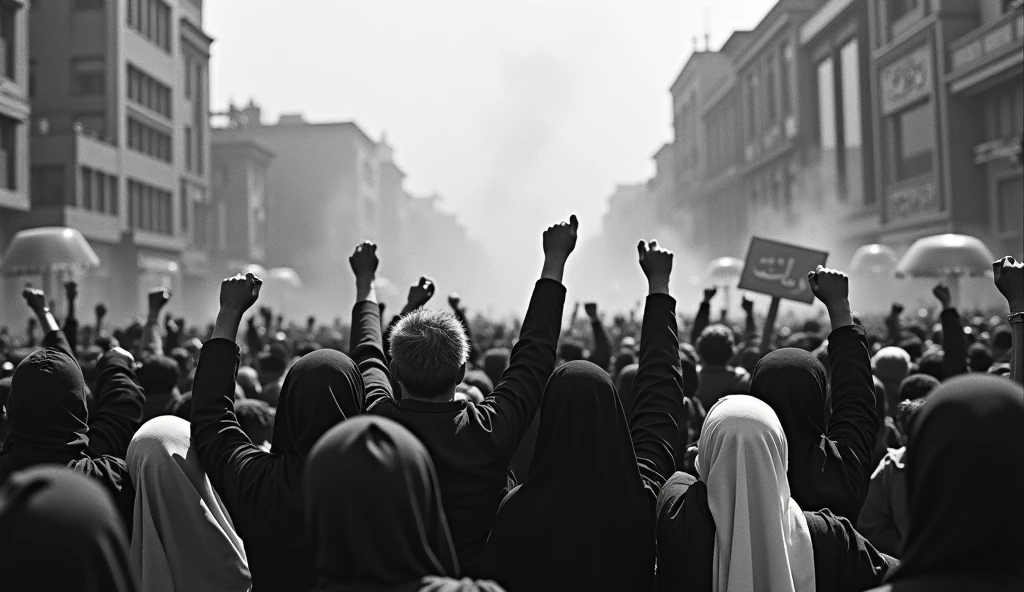 Prompt 1: An old photograph capturing a massive protest in the streets of Tehran in 1978. Thousands of Iranian people, men and women, fill the streets and are gathered at Azadi square in old tehran, raising fists and banners against the Shah's regime. The women are wearing hijabs, their expressions fierce and determined. The scene is chaotic, with police in riot gear attempting to control the crowd, and tear gas smoke lingering in the air. The image is slightly grainy, reflecting the quality of the cameras used at the time, adding to the historical authenticity , back camera angel
