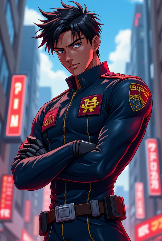 A 1 dark-skinned young man,defined,with a Swat uniform, only instead of saying SWAT, say SPD-Red-1 but anime style