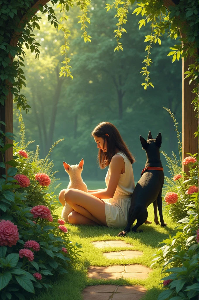 One in a garden with two black and beige dogs