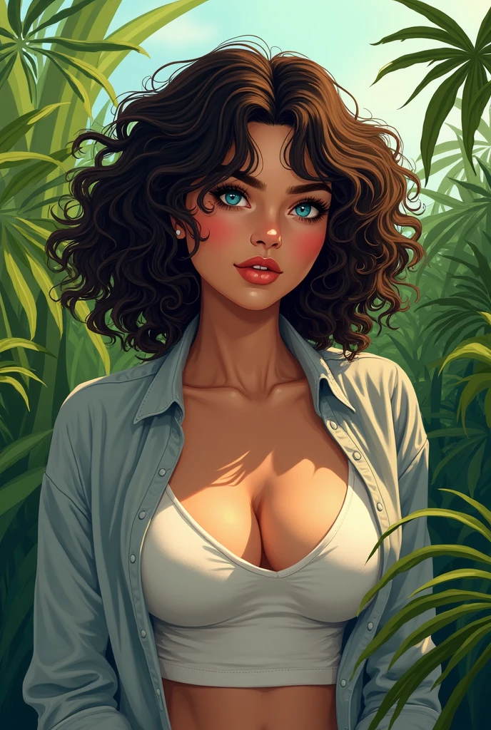 A slightly overweight Brazilian woman , blue-eyed, with curly hair in the lush Brazilian scrubland, wearing an open shirt, with a close-up capturing the harmonious beauty, manhwa style
