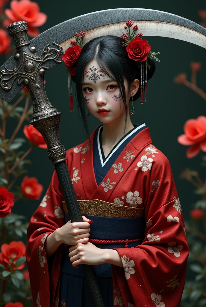 ((grim Reaper))、young woman、(Beauty)、Japanese、cute、1、Idol、韓国Idolの様にcute、Black and red kimono、((He carries a scythe as big as he is.))、grim Reaperの鎌、Death Scythe、Background Higan Flower、Tattoos on the face、(best quality,4K,8k,highres,masterpiece:1.2),ultra-detailed,(realistic,photorealistic,photo-realistic:1.37),HDR,uhd,studio lighting,ultra-fine painting,sharp focus,physically-based rendering,extreme detail description,professional,vivid colors,bokeh,cinematic lighting,dramatic shadow,