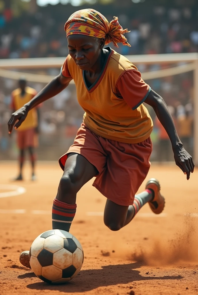 Une vieille femme africaine qui tir un penalty