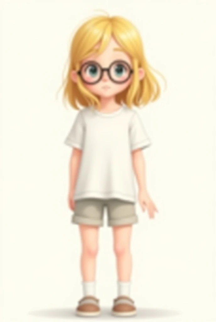 draw in digital animation a blonde-haired girl with a white t-shirt and shorts with white socks wearing glasses