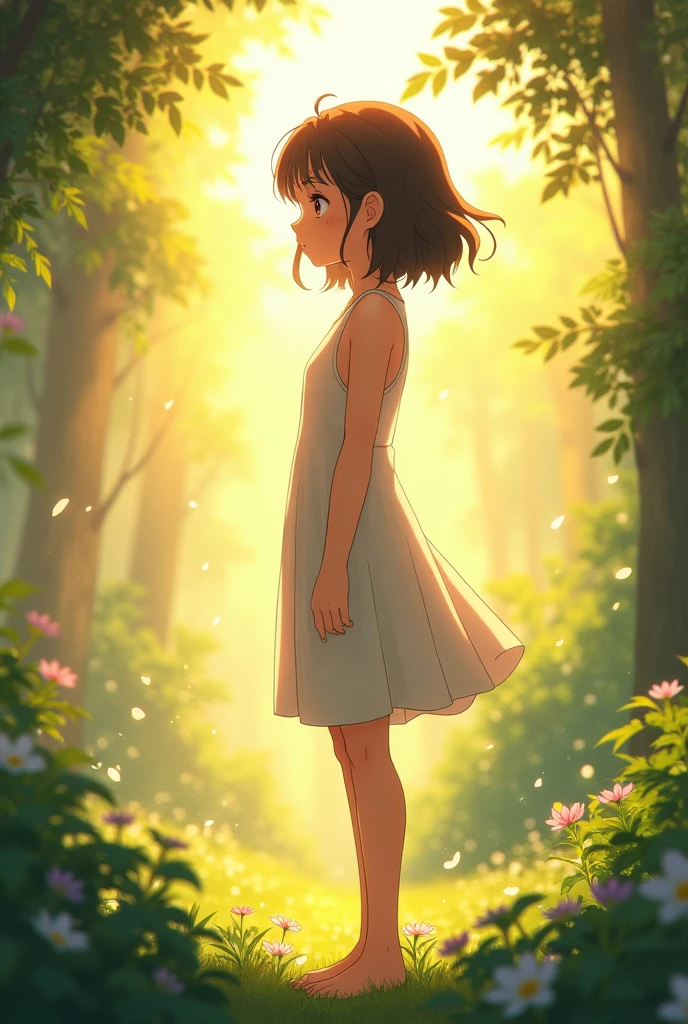 an image of a young anime girl standing melancholic and receiving the sun on her back 