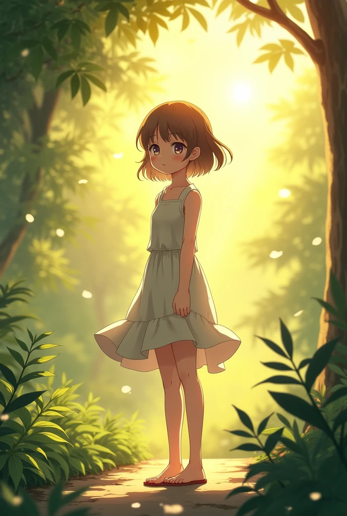 an image of a young anime girl standing melancholic and receiving the sun on her back