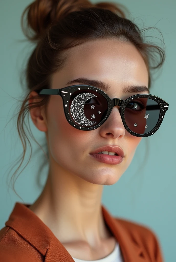 The model is wearing glass sunglasses with stars and the moon on the glass