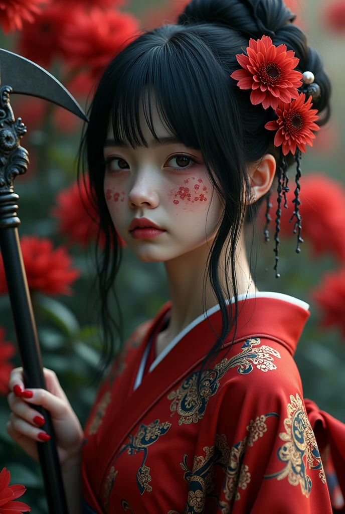 ((grim Reaper))、young woman、(Beauty)、Japanese、cute、1、Idol、韓国Idolの様にcute、Black and red kimono、((He carries a scythe as big as he is.))、grim Reaperの鎌、Death Scythe、Background Higan Flower、Tattoos on the face、(best quality,4K,8k,highres,masterpiece:1.2),ultra-detailed,(realistic,photorealistic,photo-realistic:1.37),HDR,uhd,studio lighting,ultra-fine painting,sharp focus,physically-based rendering,extreme detail description,professional,vivid colors,bokeh,cinematic lighting,dramatic shadow,