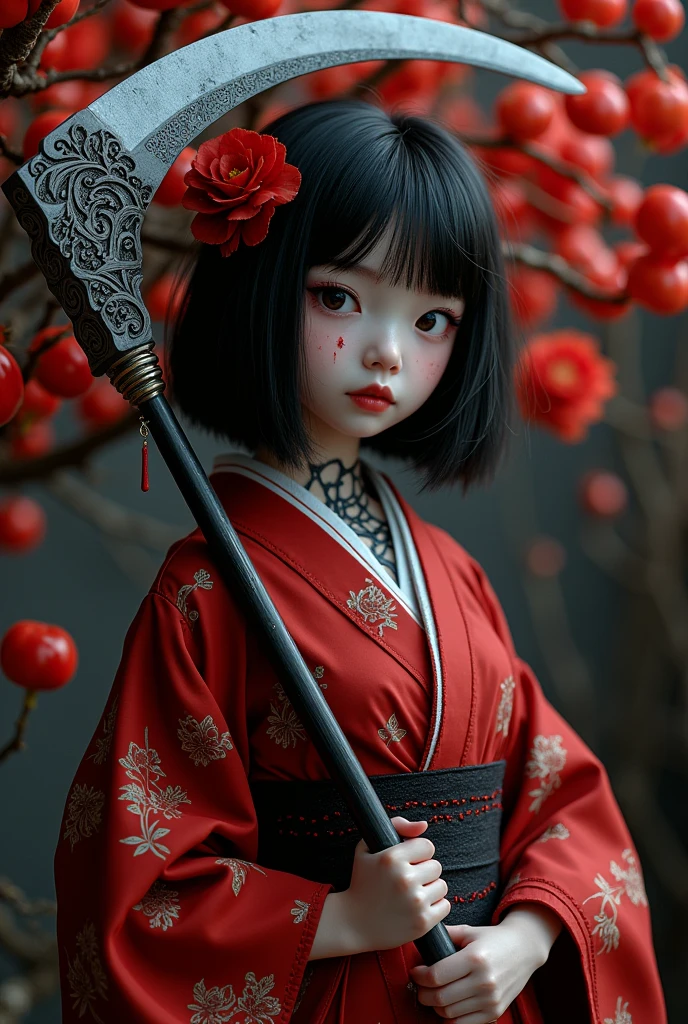 ((grim Reaper))、young woman、(Beauty)、Japanese、cute、1、Idol、韓国Idolの様にcute、Black and red kimono、((He carries a scythe as big as he is.))、grim Reaperの鎌、Death Scythe、Background Higan Flower、Tattoos on the face、(best quality,4K,8k,highres,masterpiece:1.2),ultra-detailed,(realistic,photorealistic,photo-realistic:1.37),HDR,uhd,studio lighting,ultra-fine painting,sharp focus,physically-based rendering,extreme detail description,professional,vivid colors,bokeh,cinematic lighting,dramatic shadow,