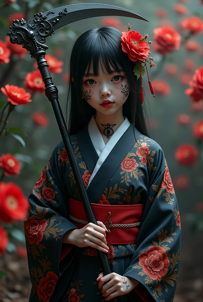 ((grim Reaper))、young woman、(Beauty)、Japanese、cute、1、Idol、韓国Idolの様にcute、Black and red kimono、((He carries a scythe as big as he is.))、grim Reaperの鎌、Death Scythe、Background Higan Flower、Tattoos on the face、(best quality,4K,8k,highres,masterpiece:1.2),ultra-detailed,(realistic,photorealistic,photo-realistic:1.37),HDR,uhd,studio lighting,ultra-fine painting,sharp focus,physically-based rendering,extreme detail description,professional,vivid colors,bokeh,cinematic lighting,dramatic shadow,
