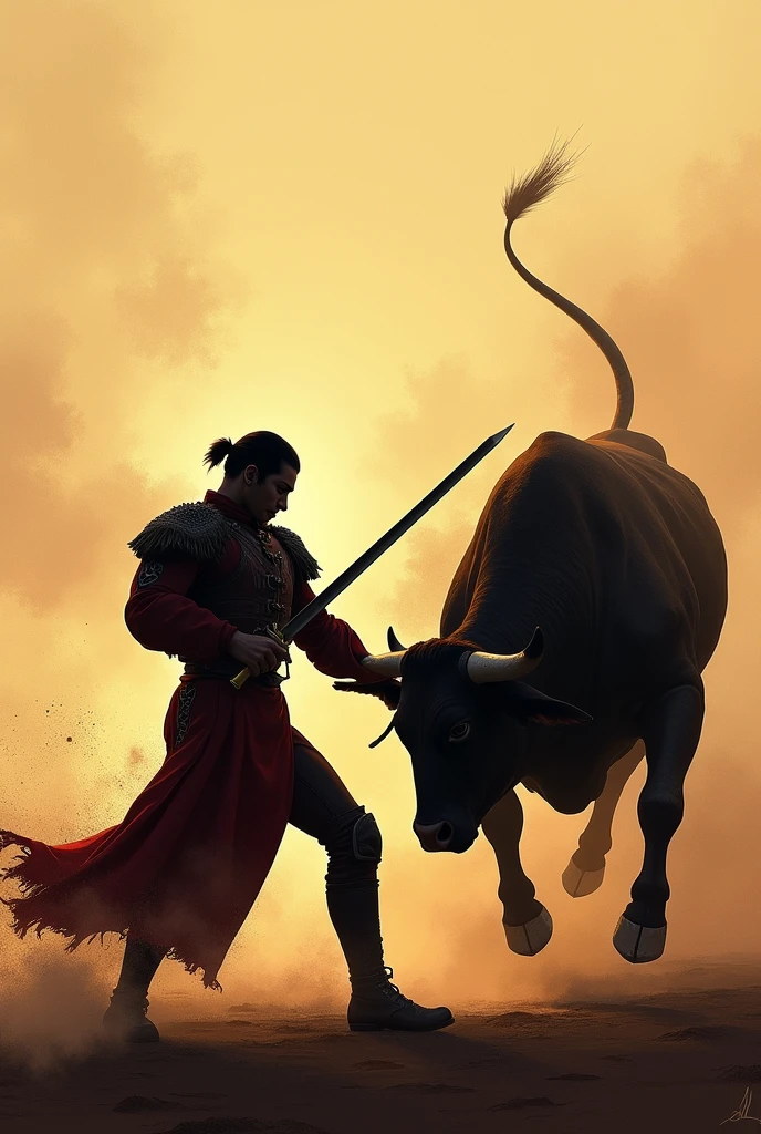 Drawing of a bullfighter silhouette with swords riding a bull


