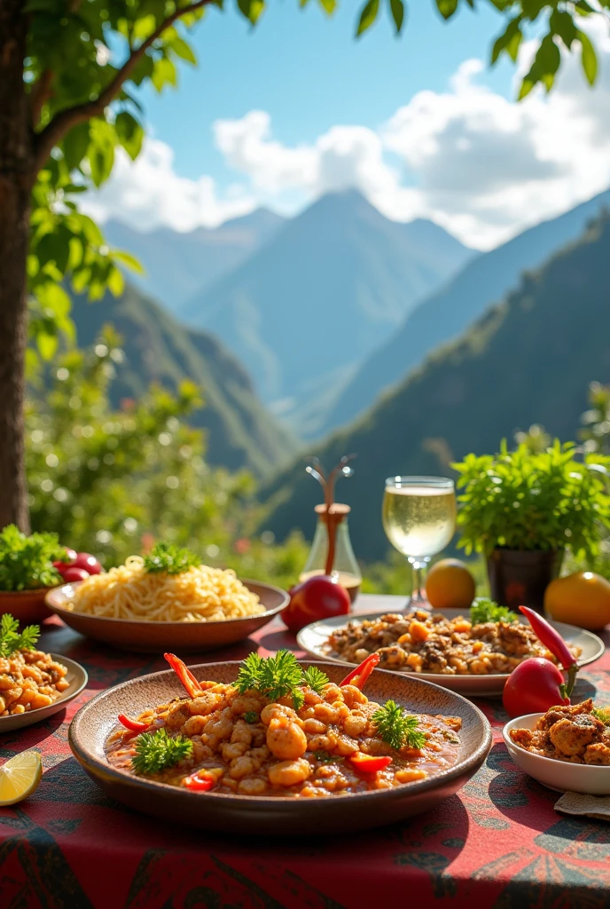 Design a horizontal 4K wallpaper celebrating Peruvian cuisine and physical activity. At the bottom of the image, features a vibrant table filled with traditional Peruvian dishes such as ceviche, stir-fried loin, Lima cause, and chicken chili, decorated with fresh ingredients such as cilantro, Chili peppers and lemons. Make sure the dishes are arranged in an appetizing and colorful manner.
