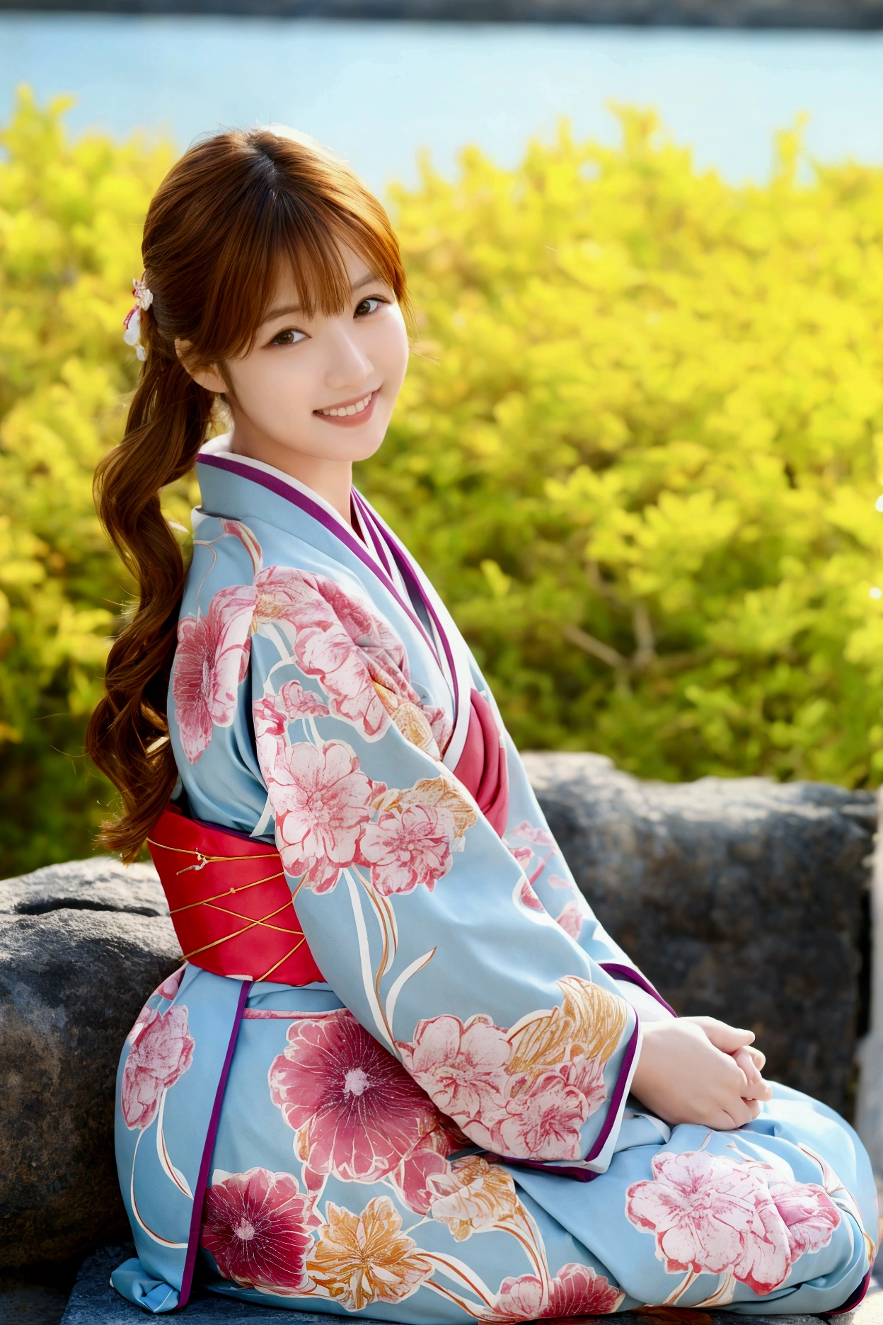 smile, Okinawa, Ryukyu, front, 最high quality、high quality、Best image quality、8k、最High resolution、High resolution、Realistic photos, Healthy body, Beautiful Eyes, flowing brown hair, Colorful kimono, Calm expression, Soft lighting, Traditional Japanese art style, Vibrant colors, Peaceful atmosphere, Delicate features, Graceful posture, Beautiful Landscape, 1