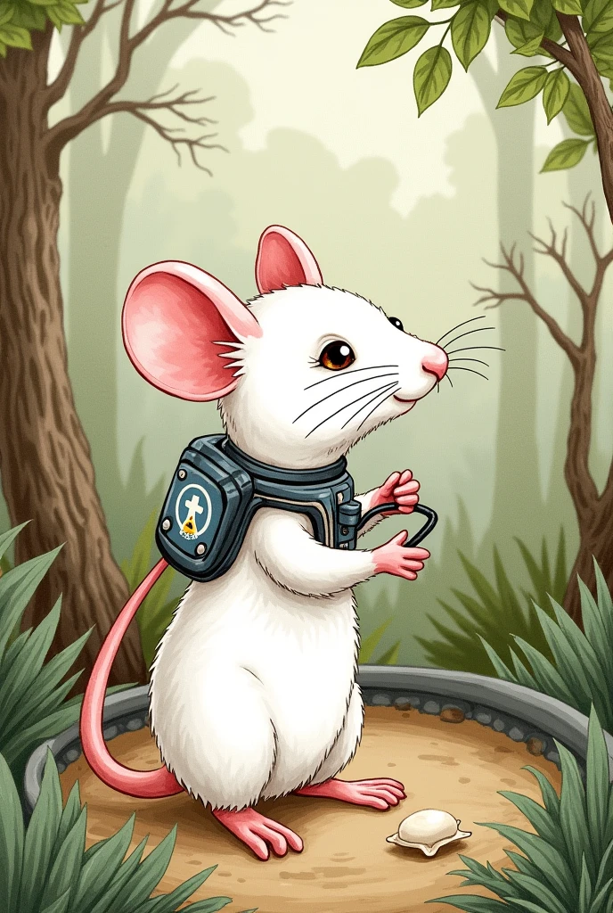 hand-drawn drawing of a white mouse measuring blood pressure by telemetry in a vivarium