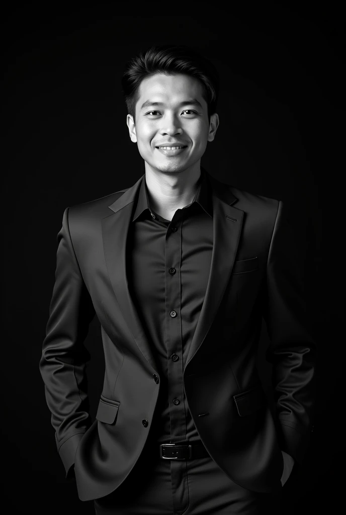 A professional black-and-white portrait of a perfect handsome indonesian success man 35 yo, dark hair. wearing modern shirt inblazer. The background is solid black, highlighting her features and creating a sleek, modern look. The lighting is soft and evenly distributed, emphasizing confident and approachable expression.