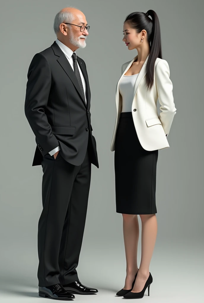 (8K, RAW photo, best quality, masterpiece:1.3), (realistic, photo-realistic:1.37), realistic skin texture, (photorealistic:1.3), (hyperrealistic:1.2.3.4), attractive young Korean woman, long black hair in a ponytail, fit physique, white blazer jacket and black pencil skirt, high heels, standing next to her older boss.