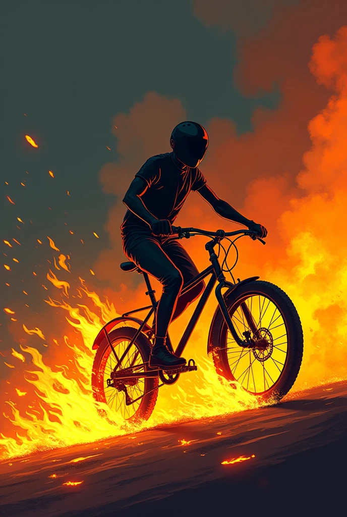 Drawing of a stickman riding a burning bike
