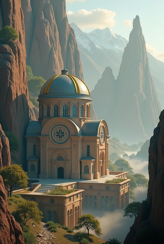 there is a large Ethiopian Orthodox Church building with hemispherical Dom that is built into the side of a mountain, intricate matte painting, matte painting of human mind, digital matte painting, ancient yet futuristic, elaborate matte painting, hyperdetailed 3d matte painting, hyperdetailed 3 d matte painting, extravagant matte painting, epic matte painting, epic cinematic matte painting, matte painting concept art, giant tomb structures,smoke, tree.