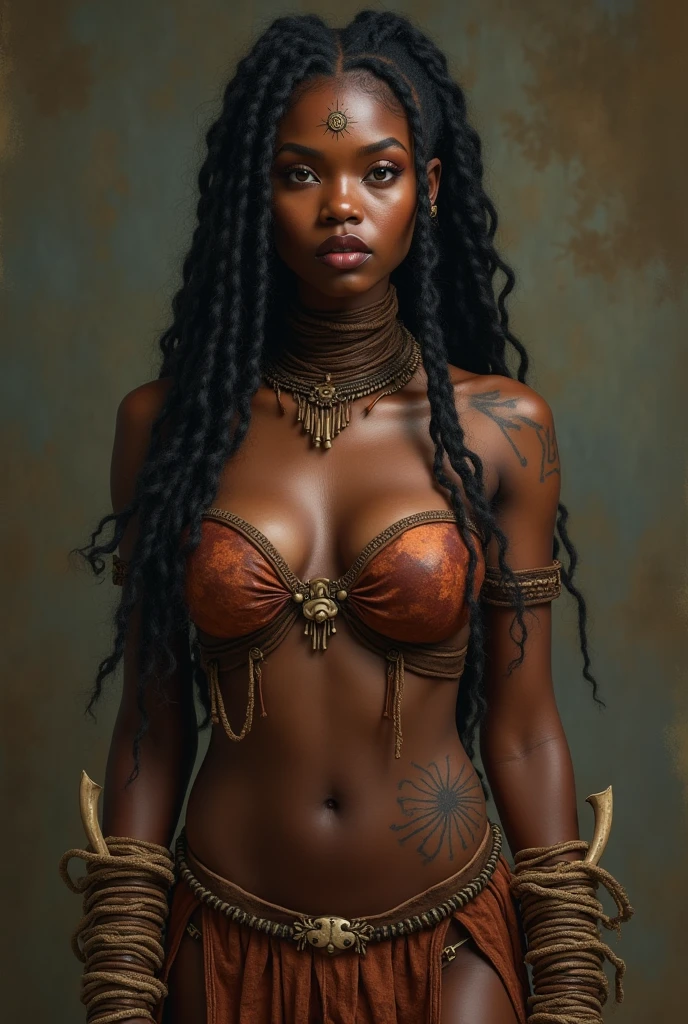 Style: "Prehistoric fantasy setting with a focus on authentic primitive clothing and accessories, reflecting the materials and craftsmanship of early human cultures." Solo woman portrait. (Savannah Warrior Isanna is a beautiful prehistoric woman of the (Negroid race).) Face: Oval face with high cheekbones. The eyes are large, dark brown with a slight golden tint, the nose is wide with a soft tip, full lips are dark burgundy. The hair is very curly, black, long, braided in numerous thin pigtails. The skin is dark brown, with a copper tint. Body: High, with expressive rounded forms. Well-developed muscles, especially in the legs and arms. Large breasts, flat stomach, wide hips. The legs are long and strong. Tattoo: Primitive design in the form of zigzag lines, covering the left arm from the shoulder to the wrist. A small sun on the forehead above the eyebrows. Clothing: Material: Leather and vines, dark brown color, roughly finished. Thigh Band: Made of thick leather and vines, decorated with feathers, to the middle of the thighs. Bracers: High, made of leather, wrapped in vines, decorated with bones.