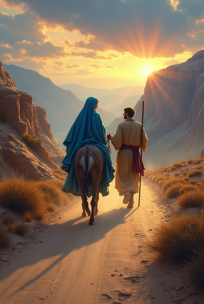 generate an image of the virgin mary and saint joseph on the road to bethlehem  Take a print of the following image and it is best to generate colorful, high-contrast, high-resolution images.