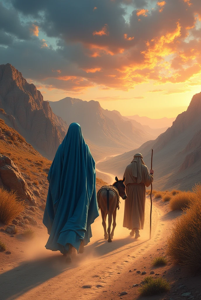 generate an image of the virgin mary and saint joseph on the road to bethlehem  Take a print of the following image and it is best to generate colorful, high-contrast, high-resolution images.