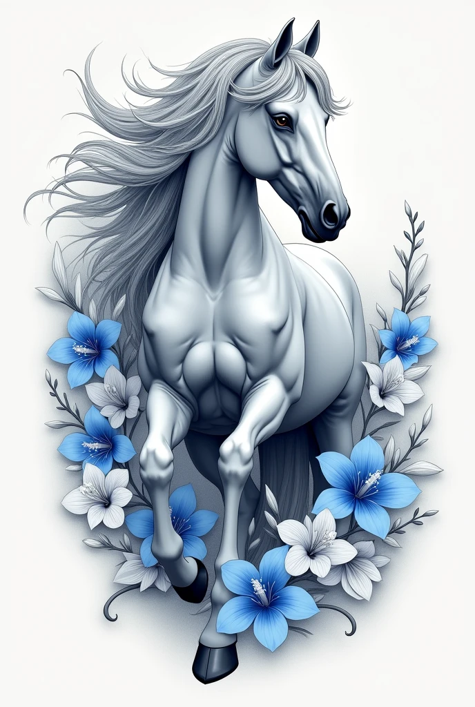 I want a unique and exclusive tattoo drawing, It should be a horse with a grey or white coat that has fuchsia-blue orchid flowers and white gardenia flowers around it.