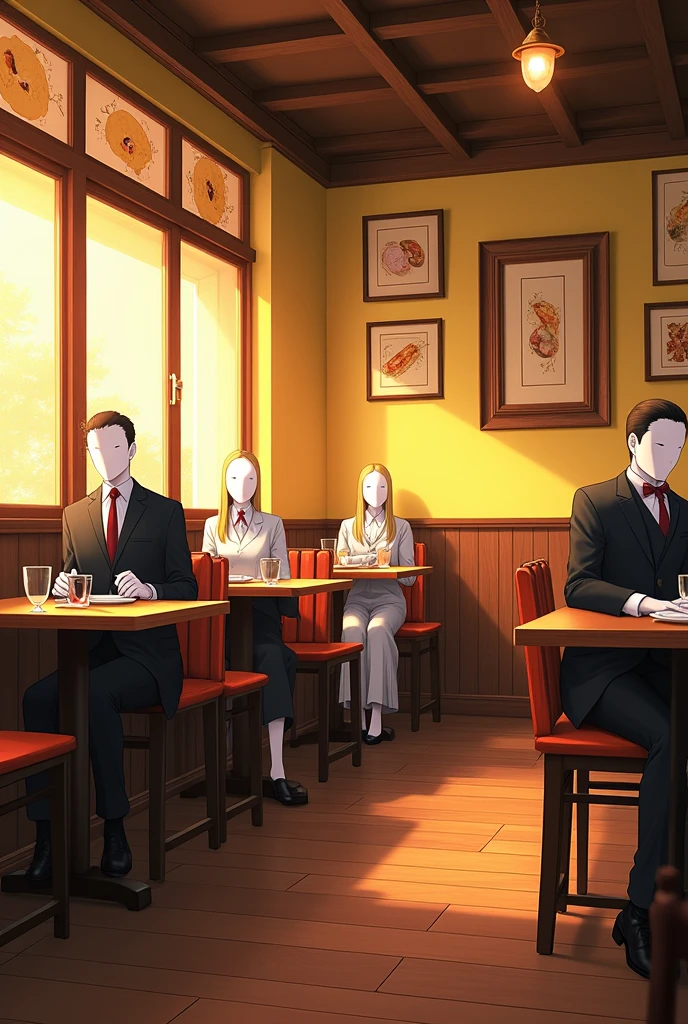 Inside an anime restaurant with yellow walls with wooden tables with light blue gentlemen and ladies without eyes as if they were a little far away sitting on the chairs eating.
On the floor in a corner