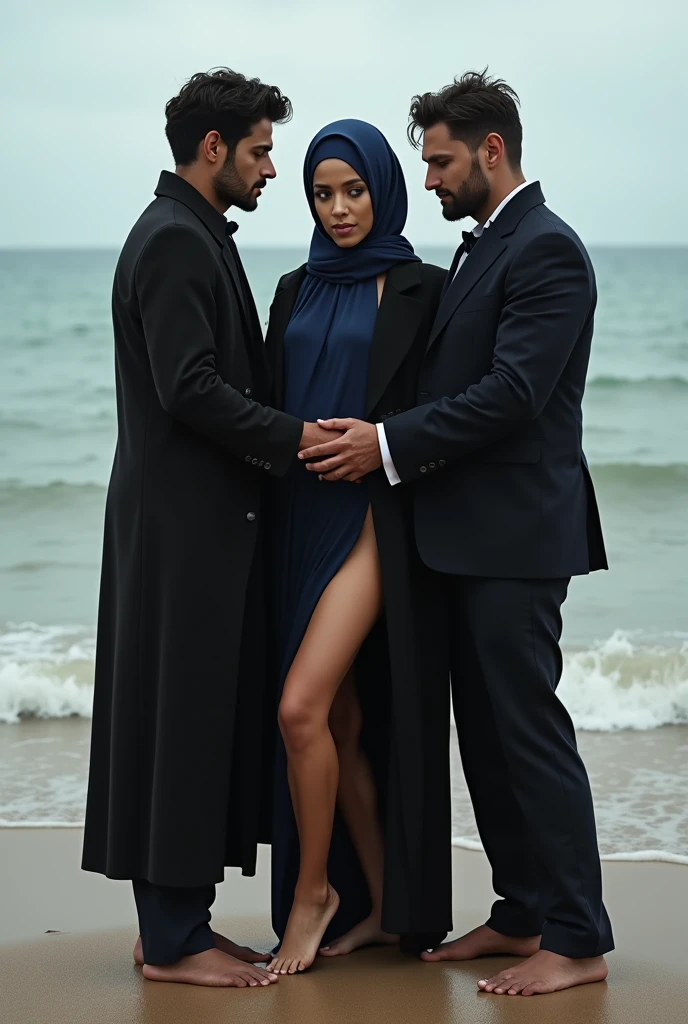 Navy blue headscarf on the beach, black long closed coat, barefoot, Sexy skinny woman. 3 men touching a woman