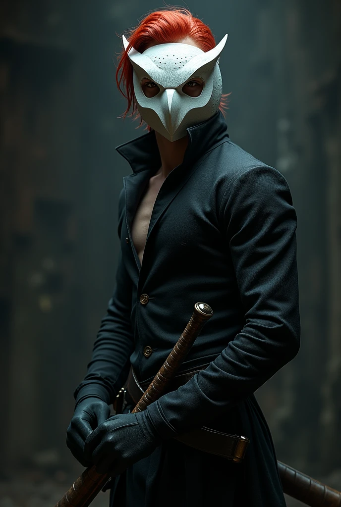 A tall, red-haired man with brown eyes wearing a white owl mask, he has two swords at his waist.