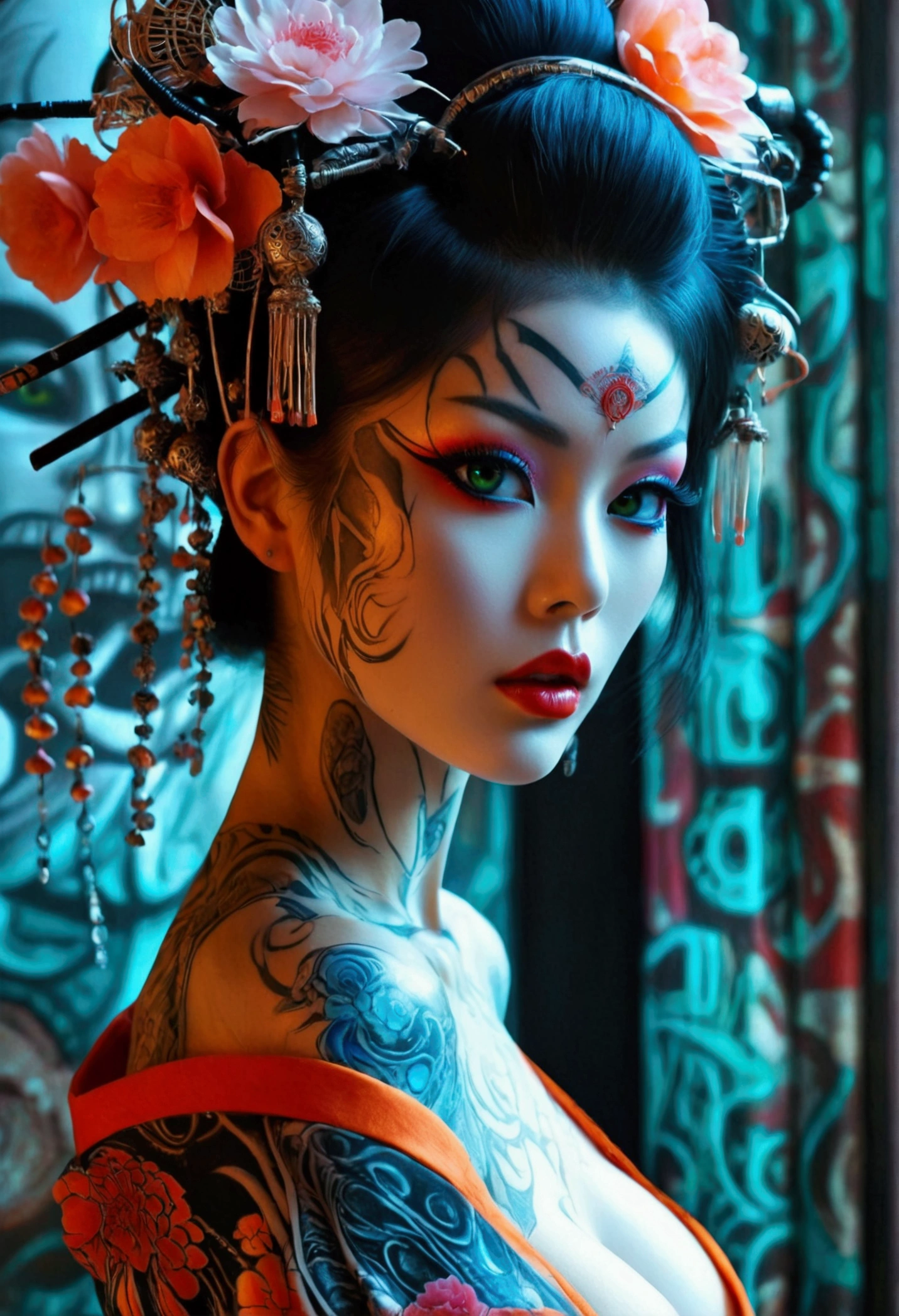 Stunningly gorgeous beautiful perfect hr giger inspired inspired tattooed sexy seductive Geisha, perfect face, hyper detailed vibrant neon sapphire eyes, large breasts, full body view, nude, no color black and gray only, show complete body,