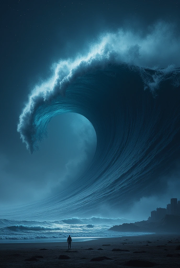Tsunami in night sky based deep impact film (1998)