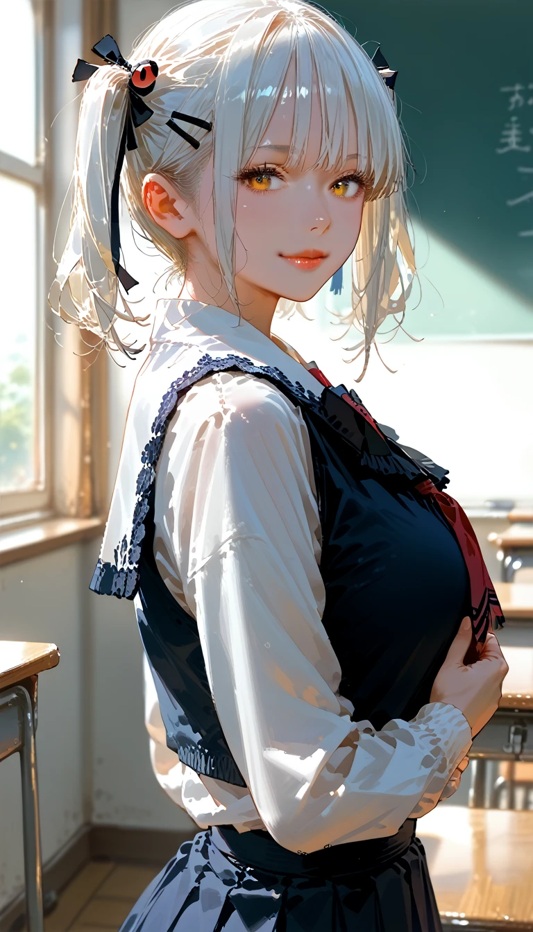 score_9, score_8_up,score_7_up,masterpiece, best quality, perfect ???????, very aesthetic, official art, 8k,source_anime,2D, megami magazine, rating_safe ,1girl,shiny skin ,gleaming skin,seductive smile,closed mouth ,eyelashes,lips gloss, vampire_girl,????????????,short bob hair,twintails, white hair ,hairclip,gothic lolita,school uniform,jacket,short skirt ,arched back,???????????,,classroom 