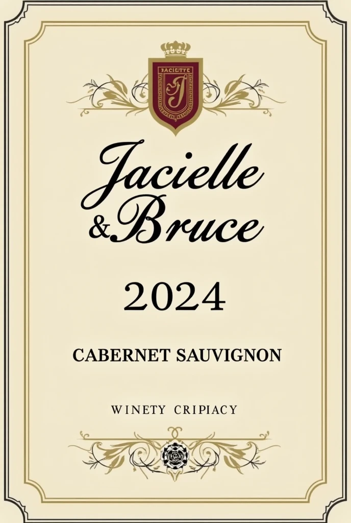 Create a classic and elegant label for Jacielle wine & Bruce 2024 in vector format, suitable for printing. Use traditional and sophisticated typography for the name "Jacielle & Bruce" my name is "2024". The design must reflect the quality and sophistication of Cabernet Sauvignon wine. Use a sober and timeless color palette, like shades of gold, burgundy and cream, to complement the color of the wine.Additional Elements: Include a delicate border or frame and a placeholder for additional winery information or tasting notes., if desired. Make sure your design is created in vector format to ensure quality and accuracy when printed..minimalism, illustration, high resolution, precise, HD Model, high qualiy, super detaill, ultra HD,