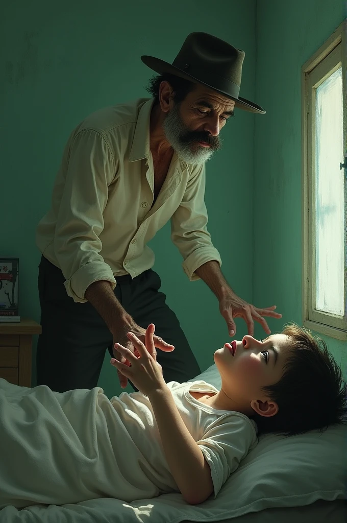 A -year Venelan boy lying in his bed in his humble and simple room with light green walls wakes up scared and terrified when he sees the spirit of an old, skinny peasant with a mustache, a long-sleeved white shirt, black pants and a hat grabbing him by the ankles.