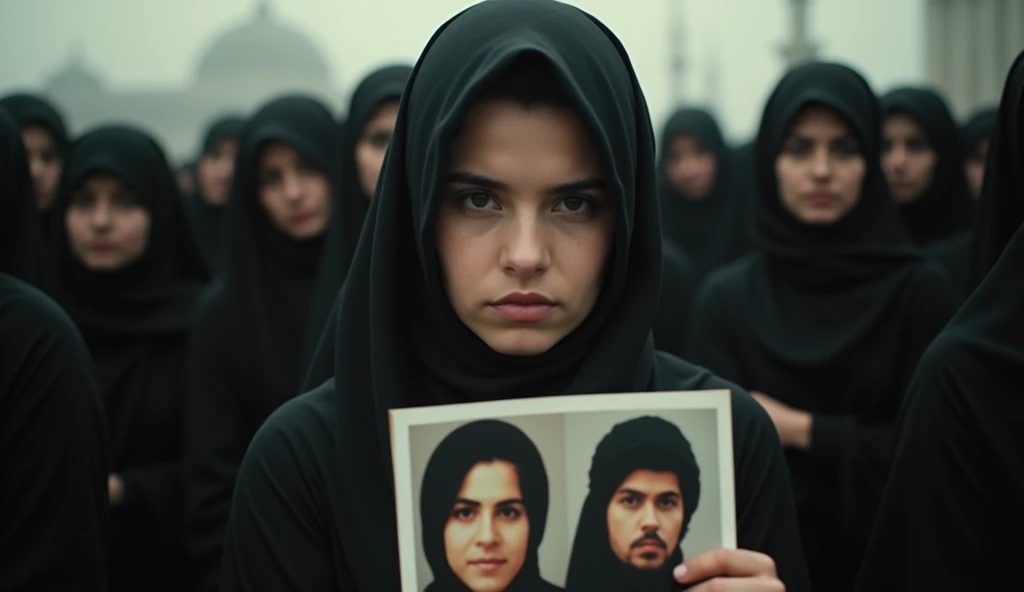 Prompt 2: A close-up shot of a young Iranian revolutionary woman in a black chador, holding a photograph of Ayatollah Khomeini. Her eyes are intense, filled with resolve, as she stands amidst a crowd of fellow revolutionaries. The lighting is soft, with shadows accentuating the depth of her expression. The image has the characteristic grain and slight blur of an old camera, capturing the emotional weight of the moment.