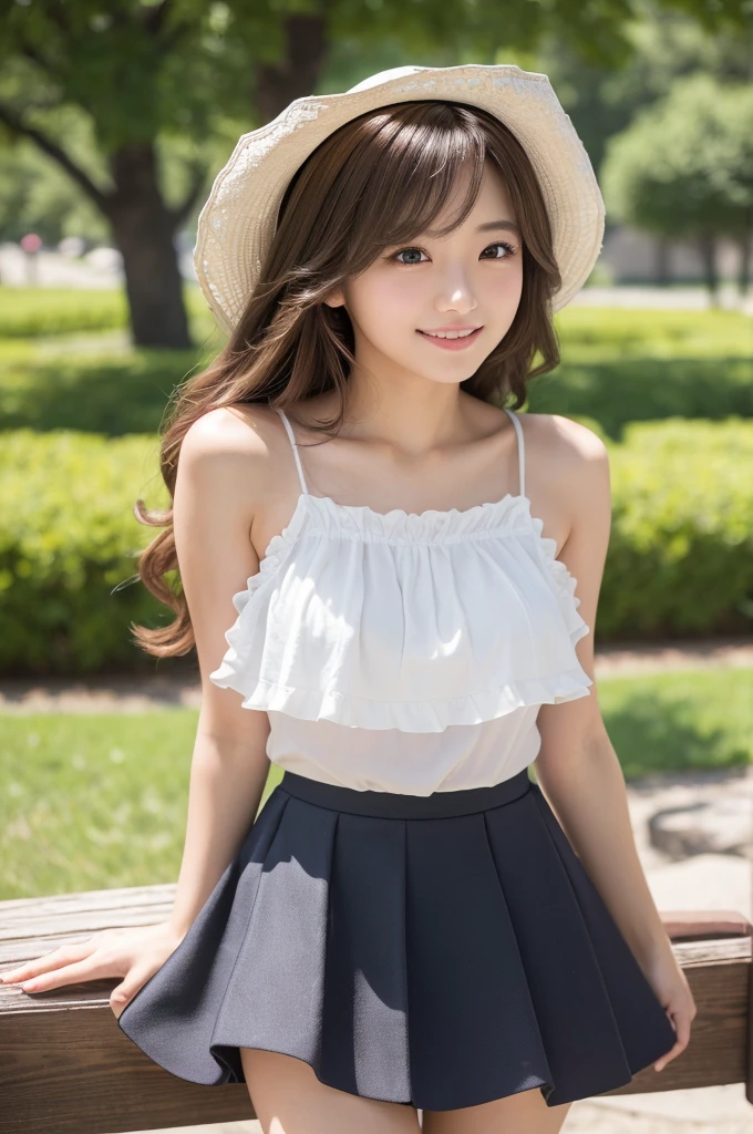 (8k, RAW photo, best quality, masterpiece:1.2), (realistic, photo-realistic:1.4), ultra-detailed, perfect anatomy, perfect limbs, perfect hand, depth of field, wide shot, cute japanese model pictures, Beautiful Face, in a summer park, (brown eyes), (dark blonde loosely curled hair.), She is looking at this way, smiling, She has blunt artificial nails, She is standing shyly in front of the bench, facing me., BREAK, (Ultra micro mini frilled skirt), (White sleeveless blouse), ((cowboy shot)), 