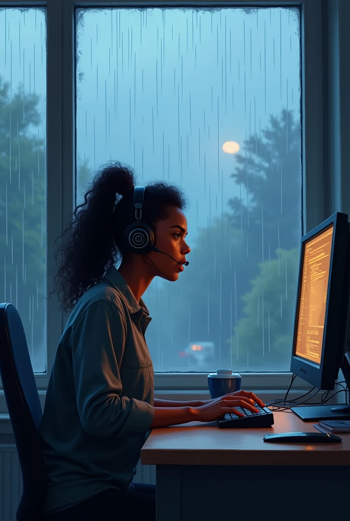 Une logi girl noire portant un casque. Elle est assise sur son bureau devant sa fenetre avec une grande baie vitrée donnant a l extérieur.Il oleut dehors et on voit les goûtes de pluies sur la vitre