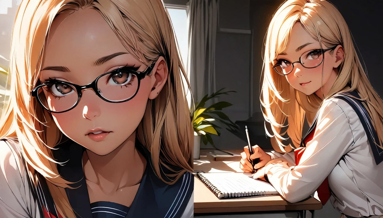 (highest quality:1.2, Very detailed, up to date, Vibrant, Ultra-high resolution, High Contrast, masterpiece:1.2, highest quality, Best aesthetics), Portraiture、girl, 20-years-old, Bright colors、Beautiful fine details、Beautiful lip detail, long hair、brown eyes, ((slim body:1.4)), (small breast:0.7), (dark skin:0.5), glasses, ((school uniform:1)), studyind, sitting at the study desk, notebook and pencil, her room, embarrassed:1.4, lineart, clean line drawings, look at viewer, sepia color:1.5, solo:1,