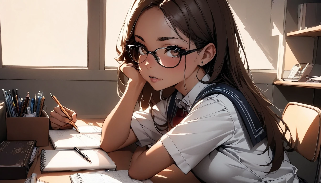 (highest quality:1.2, Very detailed, up to date, Vibrant, Ultra-high resolution, High Contrast, masterpiece:1.2, highest quality, Best aesthetics), Portraiture、girl, 20-years-old, Bright colors、Beautiful fine details、Beautiful lip detail, long hair、brown eyes, ((slim body:1.4)), (small breast:0.7), (dark skin:0.5), glasses, ((school uniform:1)), studyind, sitting at the study desk, notebook and pencil, her room, embarrassed:1.4, lineart, clean line drawings, look at viewer, sepia color:1.5, solo:1,