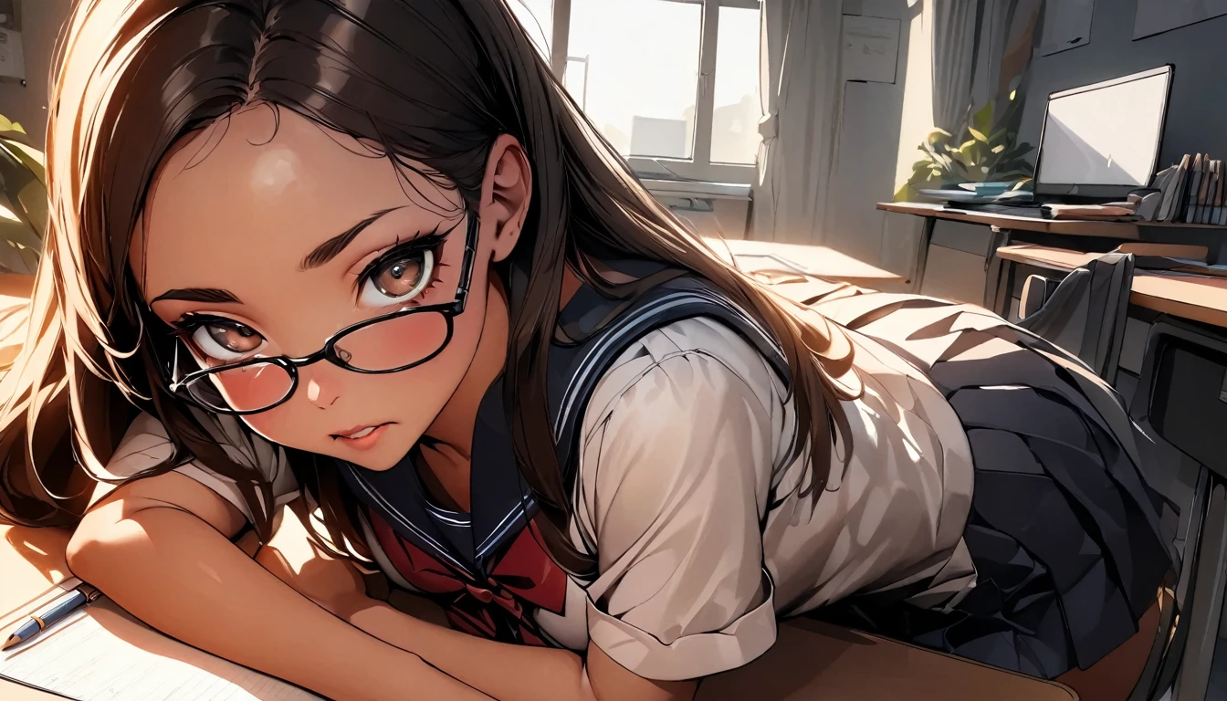 (highest quality:1.2, Very detailed, up to date, Vibrant, Ultra-high resolution, High Contrast, masterpiece:1.2, highest quality, Best aesthetics), Portraiture、girl, 20-years-old, Bright colors、Beautiful fine details、Beautiful lip detail, long hair、brown eyes, ((slim body:1.4)), (small breast:0.7), (dark skin:0.5), glasses, ((school uniform:1)), studyind, sitting at the study desk, notebook and pencil, her room, embarrassed:1.4, lineart, clean line drawings, look at viewer, sepia color:1.5, solo:1,