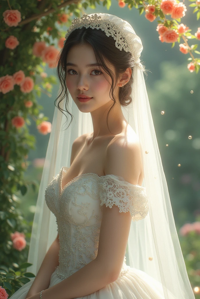 A beautiful woman dressed as a bride 