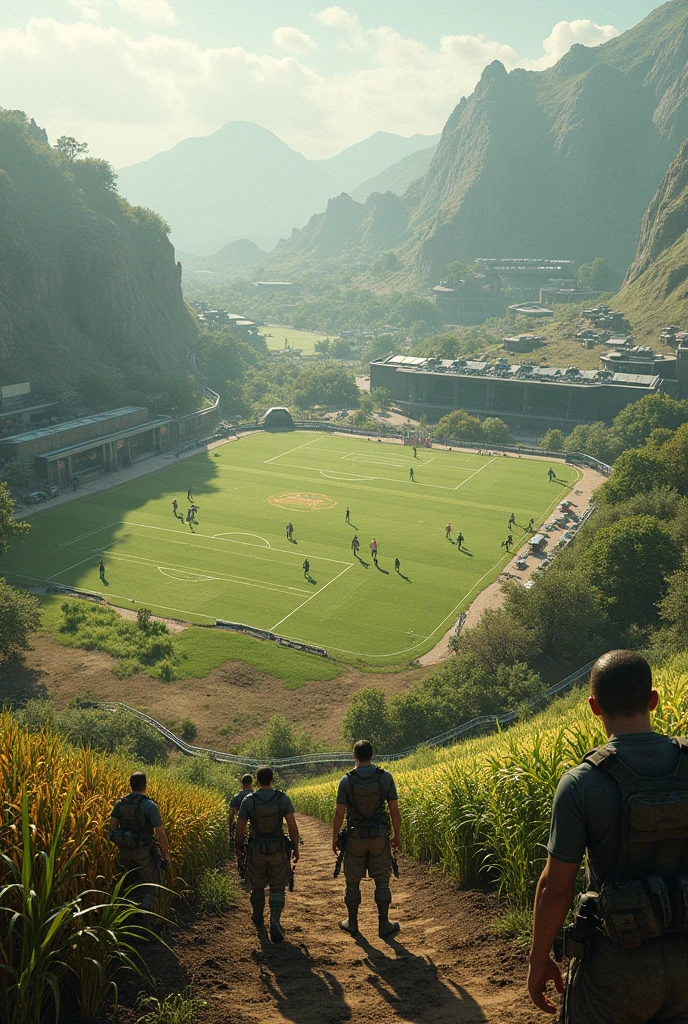 Image réaliste avec a la fois de l agriculture du foot un peu de jeux vidéo style guerre