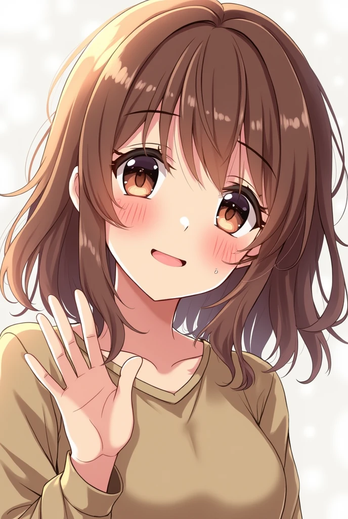 an anime girl, brownhair, comprido, wavy, pretty, anime styling, showing your hand to show that you are not nervous, shaking hand, nervous smile and a little sweat on his face, artistic, bonitas.