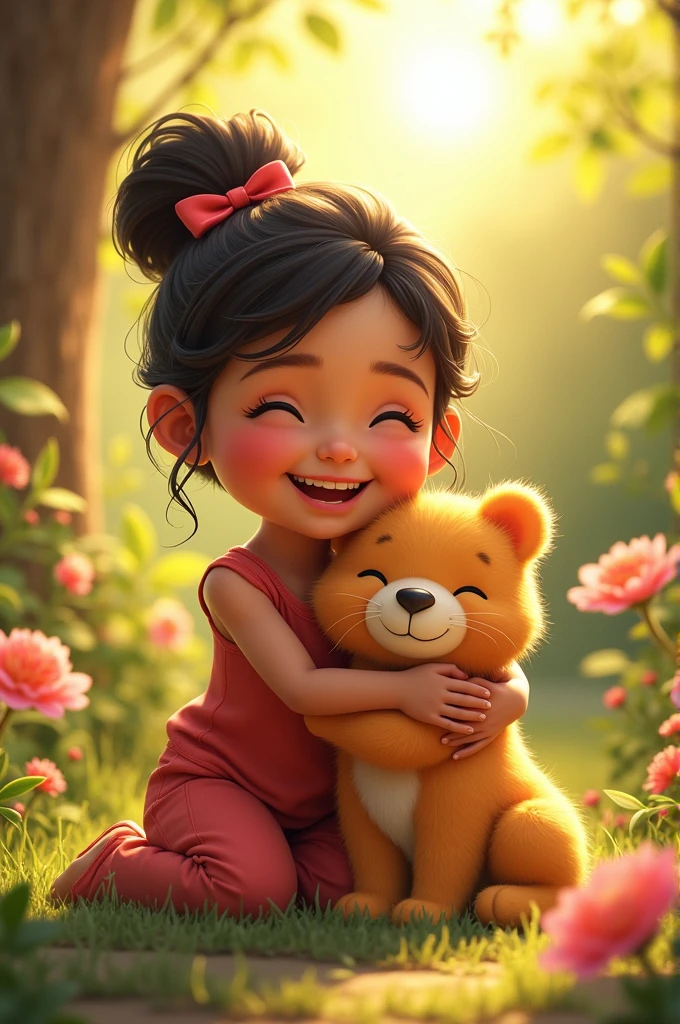 Show Laila hugging her toy bear with joy while CA sits beside her, looking proud. Laila is smiling brightly, and CA is purring contentedly. The background should show the garden bathed in warm light, reflecting the happy and triumphant end to their adventure.