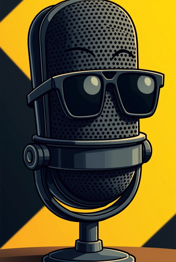 Cartoon black Podcast microphone closed face wearing sunglasses and with black and yellow background Cartoon version