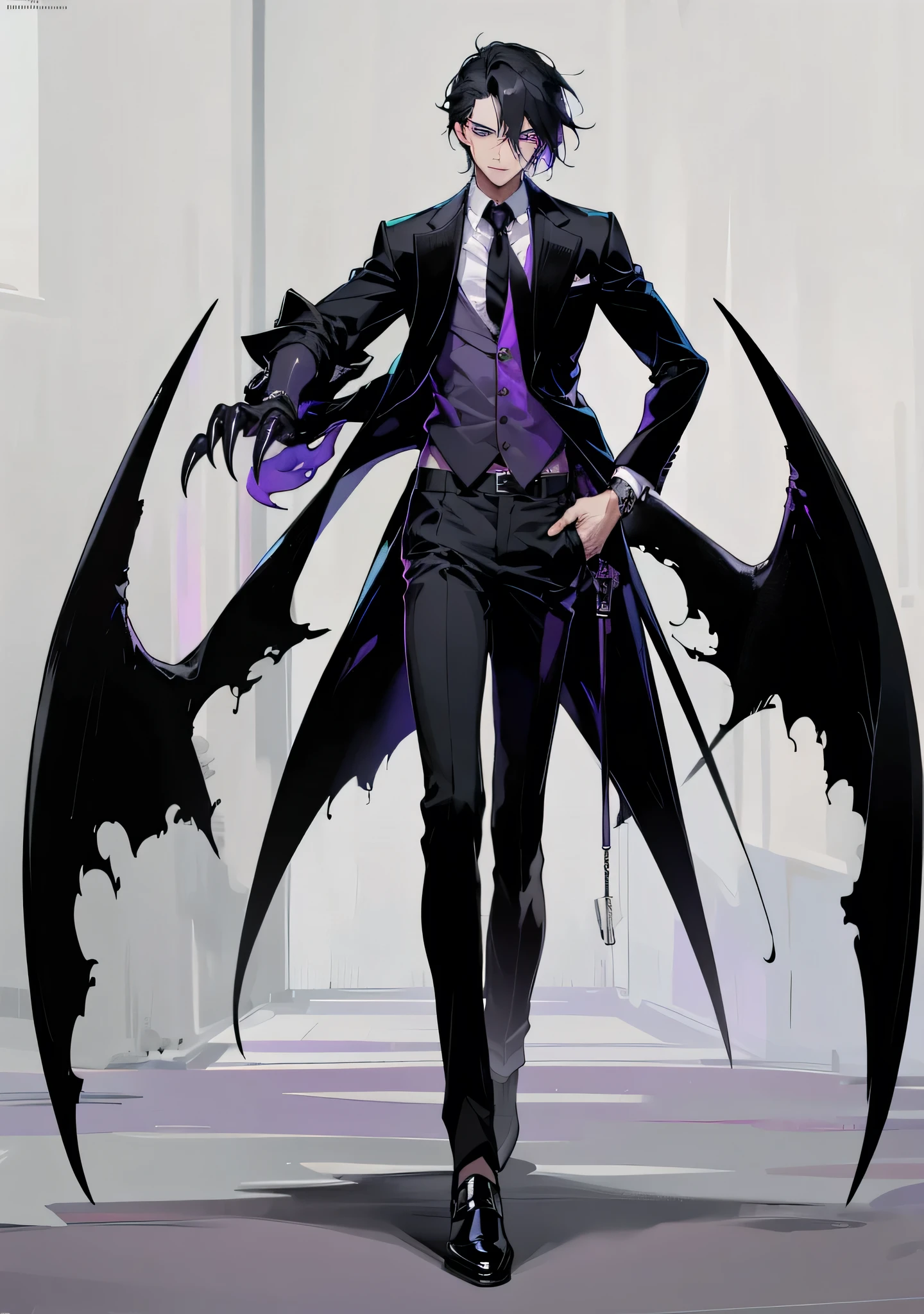 1male, mature man, black hair, black shirt, black devil wings, black trousers, black shoes, purple pupils, detailed eyes, dark atmosphere, blue light, hands with black claws, ((detail, very detailed, 8K)), ((best quality, best resolution)), ((masterpiece)).