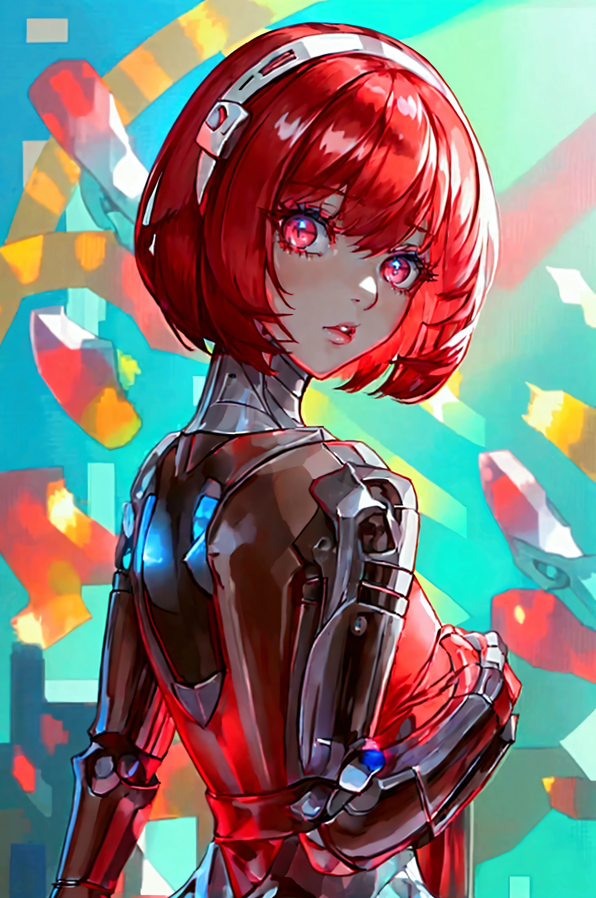 8k, arms behind back, full body, slim figure, flat bust, 1 female model, sparkling red eyes，gradient pupil color，high-heels，seductiv，Charming, wearing a light summer dress, short bbbnde hair, dorothy haze, bobcut, monroe, by hajime sorayama