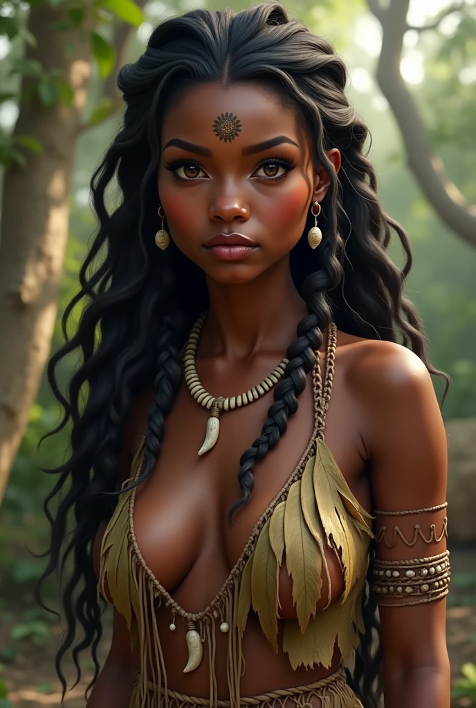 Style: "Prehistoric fantasy setting with a focus on authentic primitive clothing and accessories, reflecting the materials and craftsmanship of early human cultures." Solo woman portrait. (Savannah Warrior Isanna is a beautiful prehistoric woman of the Negroid race.) Face: Oval face with high cheekbones. The eyes are large, dark brown with a slight golden tint, the nose is wide with a soft tip, full lips are dark burgundy. The hair is very curly, black, long, braided in numerous thin pigtails. The skin is dark brown, with a copper tint. Body: High, with expressive rounded forms. Well-developed muscles, especially in the legs and arms. Large breasts, flat stomach, wide hips. The legs are long and strong. Tattoo: Primitive design in the form of zigzag lines, covering the left arm from the shoulder to the wrist. A small sun on the forehead above the eyebrows. Clothing: Material: Leaves and animal skin, dark green and brown, roughly processed. Skirt: Short, made of leaves and leather, reaching mid-thigh, decorated with shells and animal teeth. The chest is open, on the neck is a necklace of teeth and shells. Sandals: Light, made of vines that wrap around the legs up to the knees.
